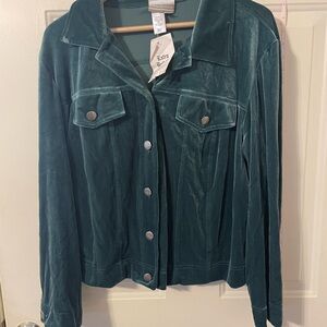 Coldwater Creek Green Jean Jacket with Fitted Silhouette and Soft Plush Fabric